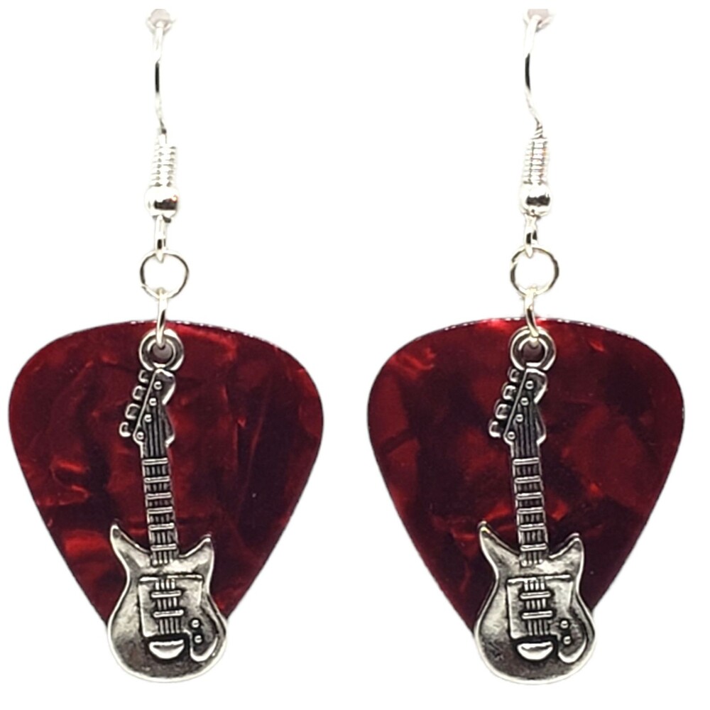 Electric Guitar Charm on Guitar Pick Earrings - Choose Color - Handmade in USA